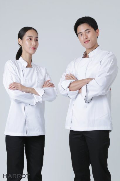 Black piping white long sleeve chef jacket
