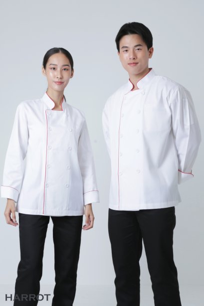 Red piping white long sleeve chef jacket
