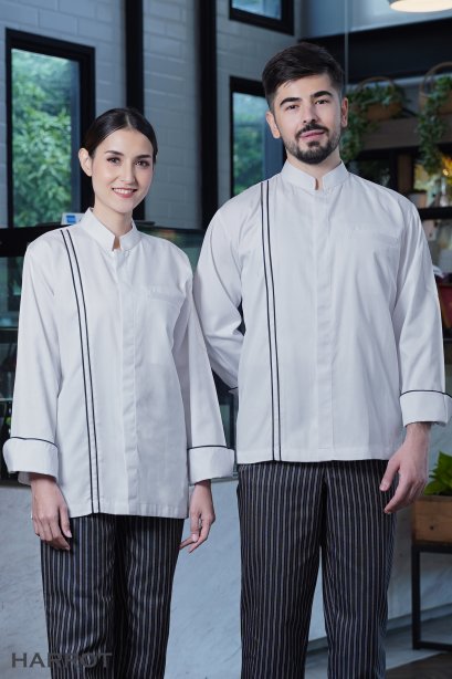 เสื้อกุ๊ก เสื้อเชฟ ชุดเชฟ เสื้อพ่อครัว อ๊อกฟอร์ด แขนยาว สีขาวกุ๊นดำ (FSS0207)