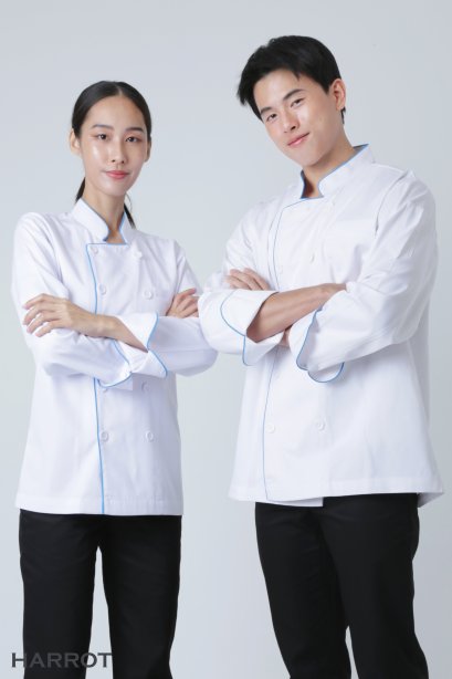 เสื้อกุ๊ก เสื้อเชฟ ชุดเชฟ เสื้อพ่อครัว แขนยาว สีขาวกุ๊นฟ้า (FSS0205)