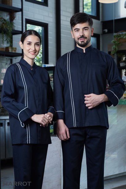 เสื้อกุ๊ก เสื้อเชฟ ชุดเชฟ เสื้อพ่อครัว อ๊อกฟอร์ด แขนยาว สีกรมกุ๊นขาว (FSS0208)