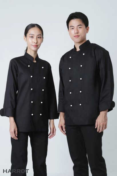 เสื้อกุ๊ก เสื้อเชฟ ชุดเชฟ เสื้อพ่อครัว แขนยาว สีดำ กระดุมถอดได้ สีขาว (FSS0214)