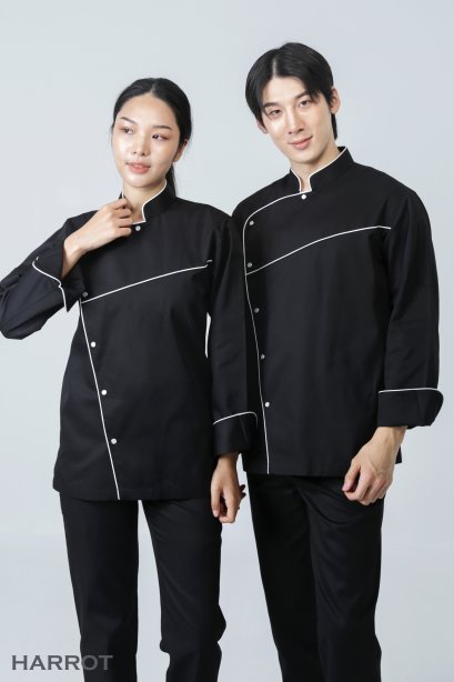 เสื้อเชฟ รุ่นสกายไลน์ สีดำกุ๊นขาว