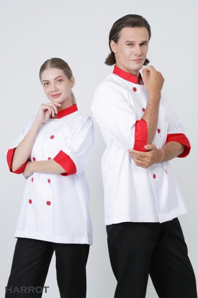 Red collar&amp;cuffs White 3/4 sleeve chef jacket