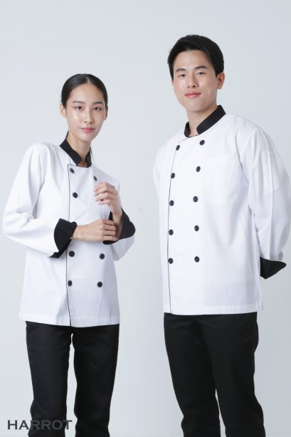 เสื้อกุ๊ก เสื้อเชฟ ชุดเชฟ เสื้อพ่อครัว แขนยาว สีขาว ปกดำ กุ๊นดำ (FSS0302)