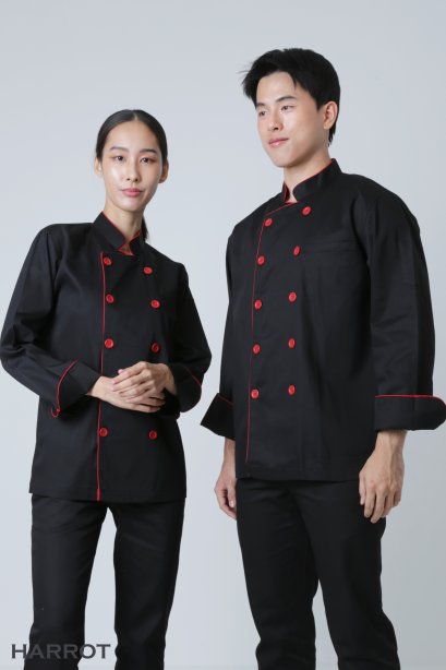 เสื้อกุ๊ก เสื้อเชฟ ชุดเชฟ เสื้อพ่อครัว แขนยาว สีดำกุ๊นแดง (FSS0304)