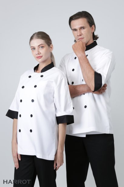 Black collar&amp;cuffs White 3/4 sleeve chef jacket
