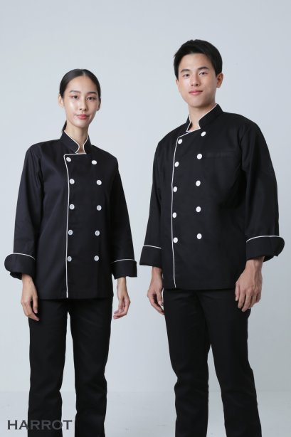 เสื้อกุ๊ก เสื้อเชฟ ชุดเชฟ เสื้อพ่อครัว แขนยาว สีดำกุ๊นสีขาว (FSS0306)
