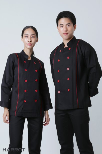เสื้อกุ๊ก เสื้อเชฟ ชุดเชฟ เสื้อพ่อครัว แขนยาว สีดำ กุ๊นแดง 2 เส้น (FSS0307)