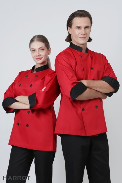 Black collar&amp;cuffs Red 3/4 Sleeve Chef Jacket