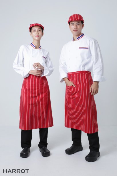 ผ้ากันเปื้อน ผ้ากันเปื้อนเชฟ ผ้ากันเปื้อนพ่อครัว ผ้ากันเปื้อนกุ๊ก ผ้ากันเปื้อนเสิร์ฟ ครึ่งยาว ลายลาครัวแดง    (FSA0224)