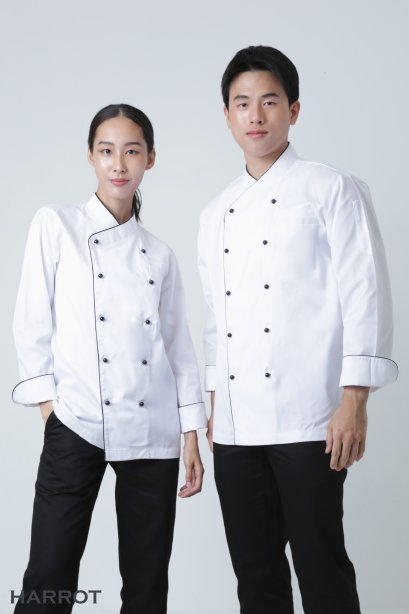 Black stud buttons White-black long sleeve chef jacket