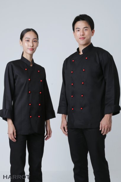 เสื้อกุ๊ก เสื้อเชฟ ชุดเชฟ เสื้อพ่อครัว แขนยาว สีดำ กระดุมถอดได้ สีแดง (FSS0215)