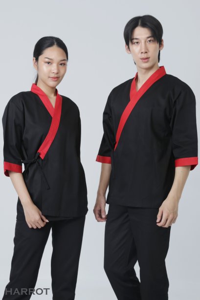 เสื้อกุ๊ก เสื้อเชฟ ชุดเชฟ เสื้อพ่อครัว ญี่ปุ่น สีดำกุ๊นแดง&nbsp;(FSS0601)