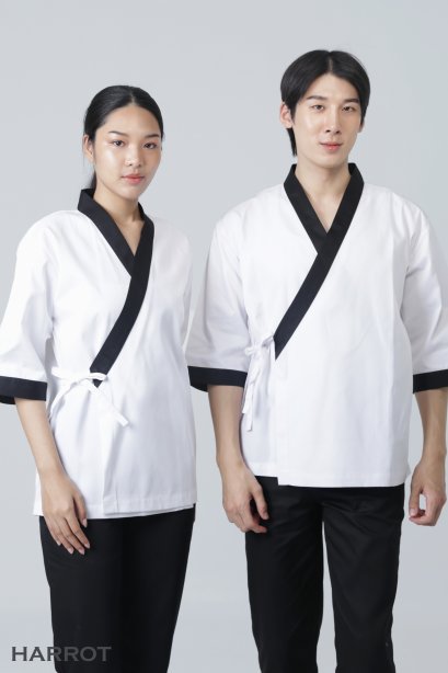 เสื้อกุ๊ก เสื้อเชฟ ชุดเชฟ&nbsp;เสื้อพ่อครัว ญี่ปุ่น สีขาวกุ๊นดำ&nbsp;(FSS0602)