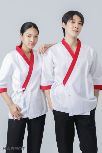 เสื้อกุ๊ก เสื้อเชฟ ชุดเชฟ&nbsp;เสื้อพ่อครัว ญี่ปุ่น สีขาวกุ๊นแดง&nbsp;(FSS0606)