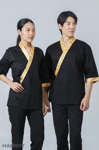 เสื้อกุ๊ก เสื้อเชฟ ชุดเชฟ&nbsp;เสื้อพ่อครัว ญี่ปุ่น สีดำกุ๊นทอง&nbsp;(FSS0608)
