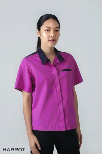 เสื้อแม่บ้าน เสื้อพ่อบ้าน ปกเชิ้ต สีม่วง-กรม