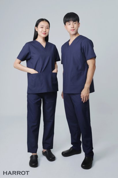 ชุดสครับ ชุดพยาบาล คอวี สีกรม (เสื้อ+กางเกง) (HPG0151)