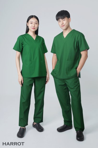 ชุดสครับ ชุดพยาบาล สีเขียวเข้ม (เสื้อ+กางเกง) (HPG0154)