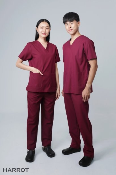 ชุดสครับ คอวี สีเลือดหมู (เสื้อ+กางเกง) (HPG0156)