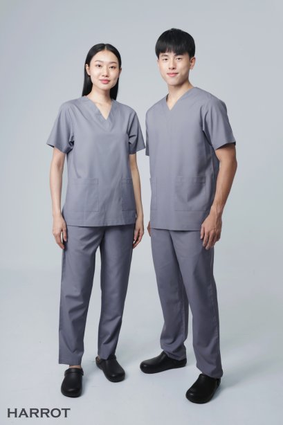 ชุดสครับ ชุดพยาบาล คอวี สีเทา (เสื้อ+กางเกง) (HPG0158)