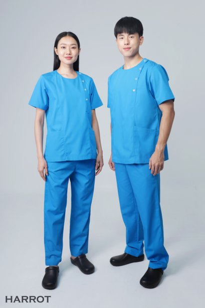 เสื้อสครับ ชุดพยาบาล คอกลม สีฟ้าเข้ม (เสื้อ+กางเกง) (HPG0161)