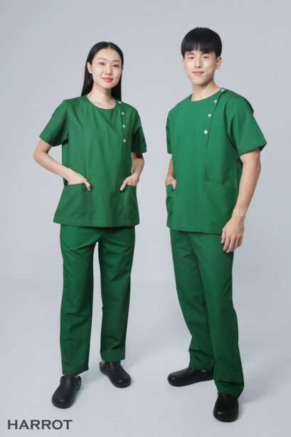 เสื้อสครับ ชุดพยาบาล คอกลม สีเขียวเข้ม (เสื้อ+กางเกง) (HPG0164)