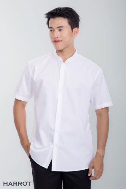 white short-sleeved collared server&#039;s shirt