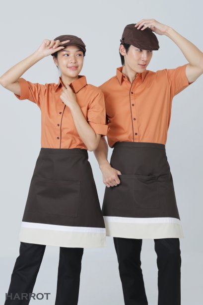 ผ้ากันเปื้อน ผ้ากันเปื้อนเชฟ ผ้ากันเปื้อนพ่อครัว ผ้ากันเปื้อนกุ๊ก ผ้ากันเปื้อนเสิร์ฟ ครึ่งสั้น แบบญี่ปุ่น สีน้ำตาล-ครีม (FSA0161)