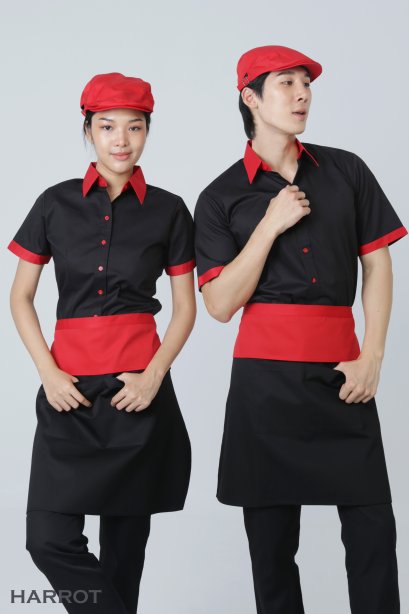 ผ้ากันเปื้อน ผ้ากันเปื้อนเชฟ ผ้ากันเปื้อนพ่อครัว ผ้ากันเปื้อนกุ๊ก ผ้ากันเปื้อนเสิร์ฟ ครึ่งสั้น สีดำ-แดง  (FSA0141)