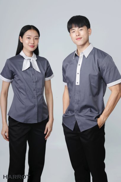 เสื้อพนักงานเสิร์ฟ เสื้อเสิร์ฟ เสื้อเชิ้ต เสื้อฟอร์ม เสื้อพนักงานต้อนรับ ชุดพนักงานเสิร์ฟ แขนสั้น สีเทา แต่งปก, สาบและปลายแขนด้วยผ้าลาย (SHI1502)