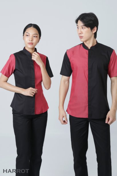 เสื้อพนักงานเสิร์ฟ เสื้อเสิร์ฟ เสื้อเชิ้ต เสื้อฟอร์ม เสื้อพนักงานต้อนรับ ชุดพนักงานเสิร์ฟ ทูโทนดำ-แดง (SHI2001)