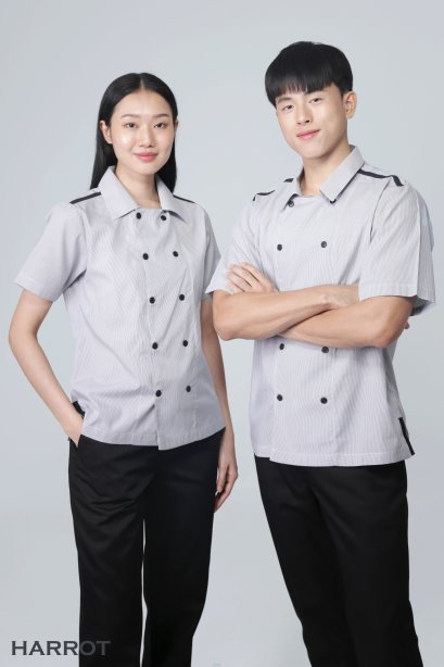 Grey Stripe Double Row Buttons Waiter &amp; Waitress Shirt