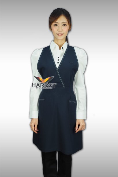 ผ้ากันเปื้อนเต็มตัว คอวี สีกรมแต่งกุ๊นสีขาว