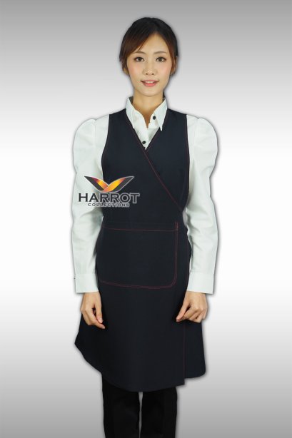 ผ้ากันเปื้อนเต็มตัว คอวี สีกรมแต่งด้ายสีแดง