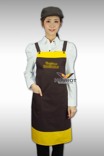 ผ้ากันเปื้อนเต็มตัว สีน้ำตาลแต่งแถบสีเหลือง