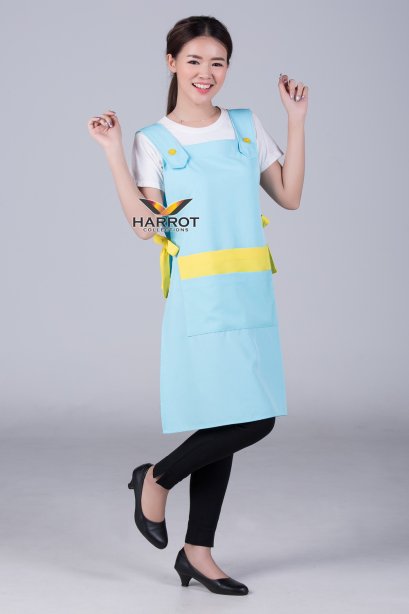 ผ้ากันเปื้อนเต็มตัว สีฟ้าแต่งเหลือง