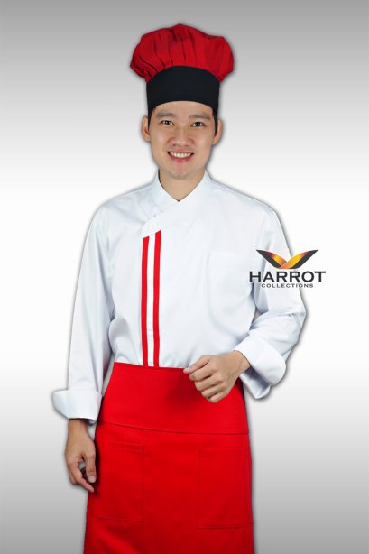 Red double stripe white long sleeve chef jacket