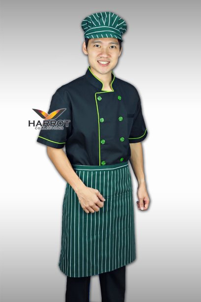 Green piping black short sleeve chef jacket
