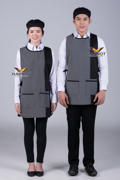 ผ้ากันเปื้อน ผ้ากันเปื้อนเชฟ ผ้ากันเปื้อนพ่อครัว ผ้ากันเปื้อนกุ๊ก ผ้ากันเปื้อนเสิร์ฟ เอี๊ยม สีเทา-ดำ (FSA0521)