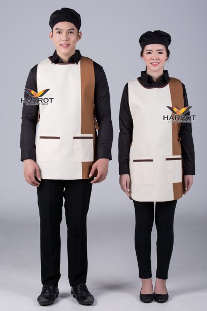 ผ้ากันเปื้อน ผ้ากันเปื้อนเชฟ ผ้ากันเปื้อนพ่อครัว ผ้ากันเปื้อนกุ๊ก ผ้ากันเปื้อนเสิร์ฟ เอี๊ยม สีครีม-น้ำตาลทอง (FSA0523)