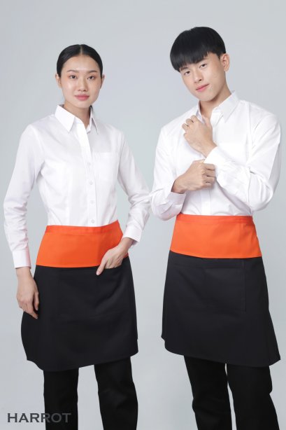 ผ้ากันเปื้อน ผ้ากันเปื้อนเชฟ ผ้ากันเปื้อนพ่อครัว ผ้ากันเปื้อนกุ๊ก ผ้ากันเปื้อนเสิร์ฟ ครึ่งสั้น สีดำ-ส้ม (FSA0142)