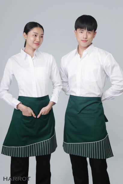 ผ้ากันเปื้อน ผ้ากันเปื้อนเชฟ ผ้ากันเปื้อนพ่อครัว ผ้ากันเปื้อนกุ๊ก ผ้ากันเปื้อนเสิร์ฟ ครึ่งสั้น สีเขียว แต่งลายลาครัวเขียว (FSA0153)