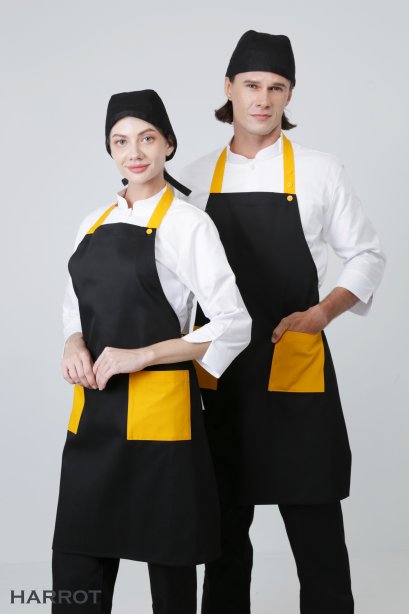 ผ้ากันเปื้อน ผ้ากันเปื้อนเชฟ ผ้ากันเปื้อนพ่อครัว ผ้ากันเปื้อนกุ๊ก ผ้ากันเปื้อนเสิร์ฟ เต็มตัว สีดำ-เหลือง (FSA0413)