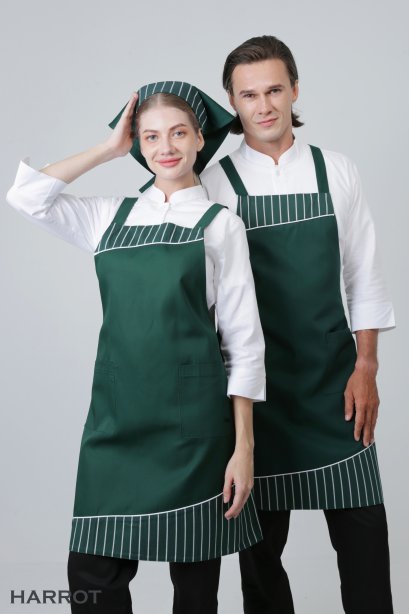ผ้ากันเปื้อน ผ้ากันเปื้อนเชฟ ผ้ากันเปื้อนพ่อครัว ผ้ากันเปื้อนกุ๊ก ผ้ากันเปื้อนเสิร์ฟ เต็มตัว สายไขว้หลัง สีเขียว แต่งลาครัวเขียว (FSA0453)