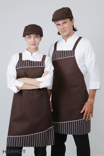 ผ้ากันเปื้อน ผ้ากันเปื้อนเชฟ ผ้ากันเปื้อนพ่อครัว ผ้ากันเปื้อนกุ๊ก ผ้ากันเปื้อนเสิร์ฟ เต็มตัว สายไขว้หลัง สีน้ำตาลแต่งลายลาครัวน้ำตาล (FSA0454)