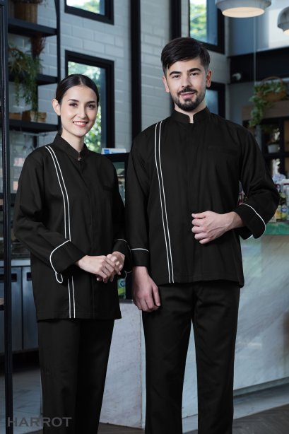 เสื้อกุ๊ก เสื้อเชฟ ชุดเชฟ เสื้อพ่อครัว อ๊อกฟอร์ด แขนยาว สีดำกุ๊นขาว (FSS0209)