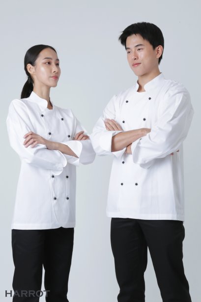 เสื้อกุ๊ก เสื้อเชฟ ชุดเชฟ เสื้อพ่อครัว แขนยาว สีขาว กระดุมถอดได้ สีดำ (FSS0212)