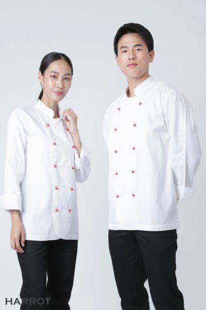 เสื้อกุ๊ก เสื้อเชฟ ชุดเชฟ เสื้อพ่อครัว แขนยาว สีขาว กระดุมถอดได้ สีแดง (FSS0216)